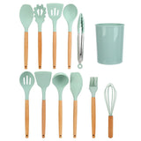 12Pcs/Set Cooking Utensil with Wooden Handle Silicone Cooking Tool for Home KitchenLight Green