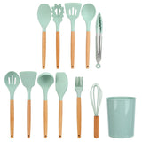 12Pcs/Set Cooking Utensil with Wooden Handle Silicone Cooking Tool for Home KitchenLight Green