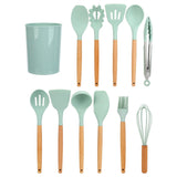 12Pcs/Set Cooking Utensil with Wooden Handle Silicone Cooking Tool for Home KitchenLight Green - Rear View