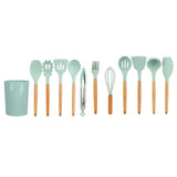12Pcs/Set Cooking Utensil with Wooden Handle Silicone Cooking Tool for Home KitchenLight Green - Low Angle