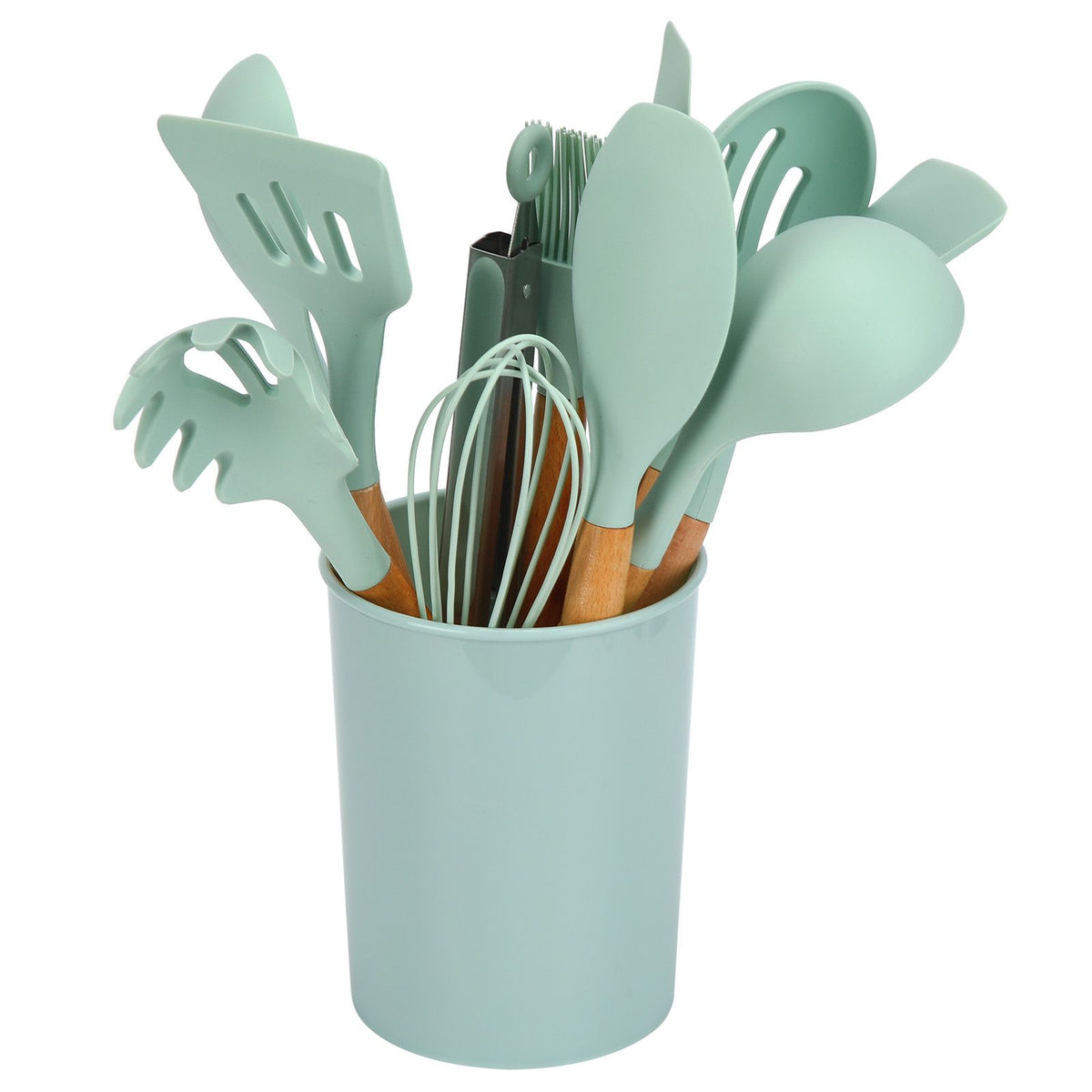 12Pcs/Set Cooking Utensil with Wooden Handle Silicone Cooking Tool for Home KitchenLight Green