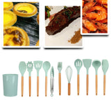 12Pcs/Set Cooking Utensil with Wooden Handle Silicone Cooking Tool for Home KitchenLight Green
