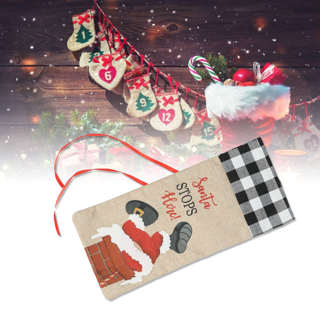 Christmas Santa Grid Design Champagne Bottle Cover Bag Sleeve Christmas Gifts for PartyBlack White Grid