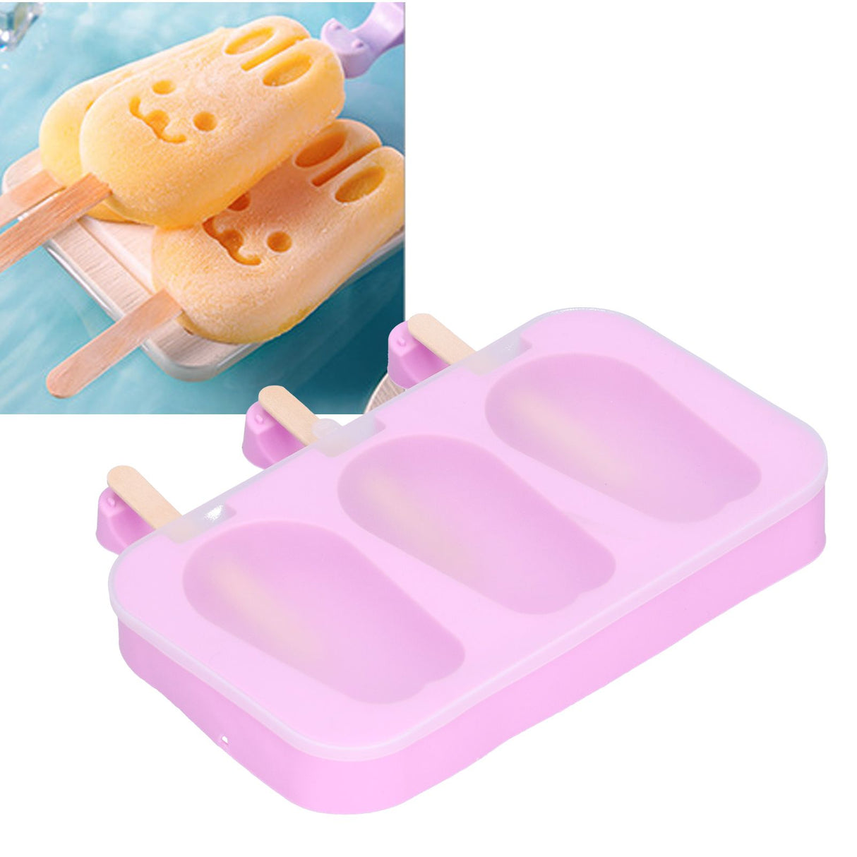 2Pcs 3 Grid Silicone Ice Cream Mold with Lid Rabbit Shaped Mold for Summer Home Kitchen