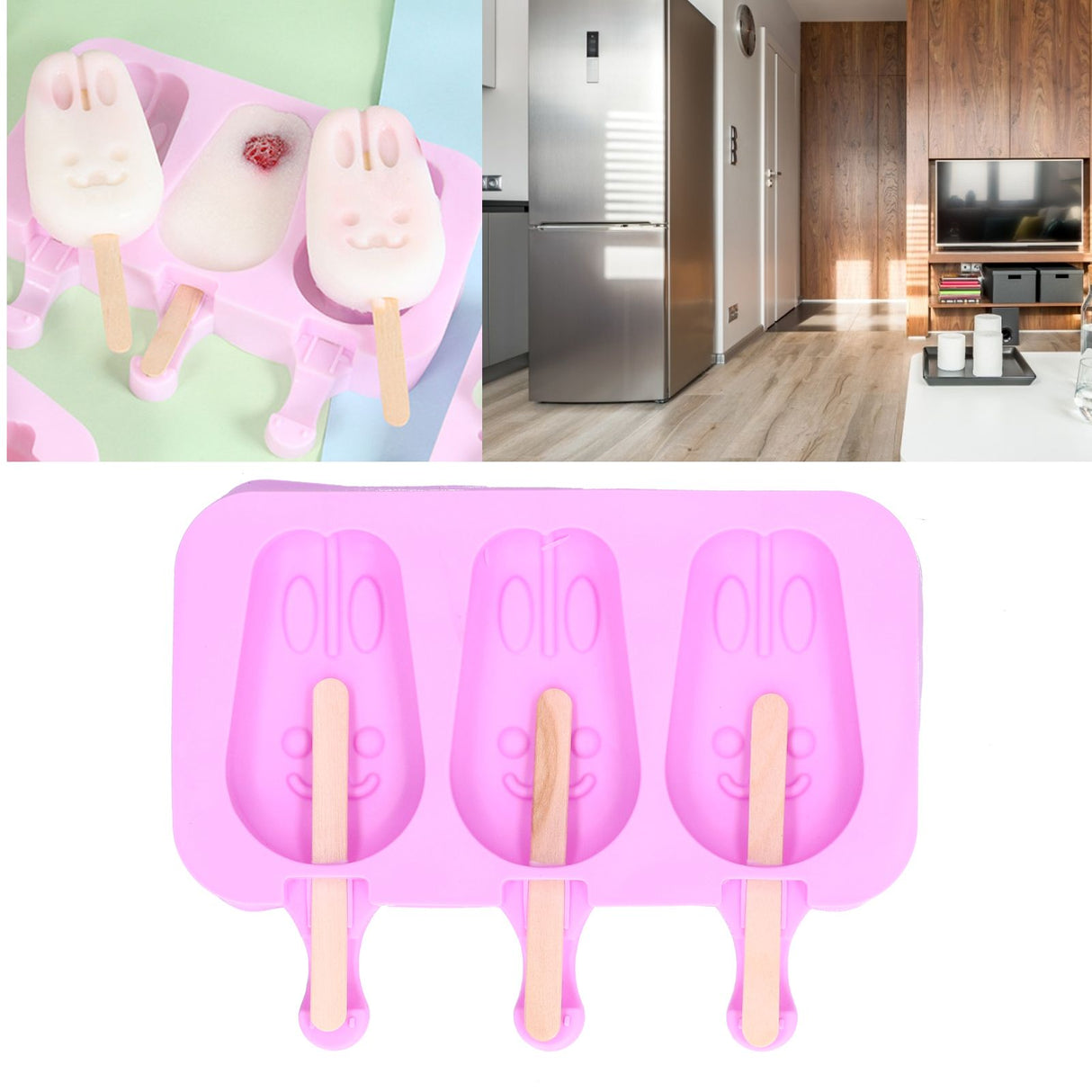 2Pcs 3 Grid Silicone Ice Cream Mold with Lid Rabbit Shaped Mold for Summer Home Kitchen