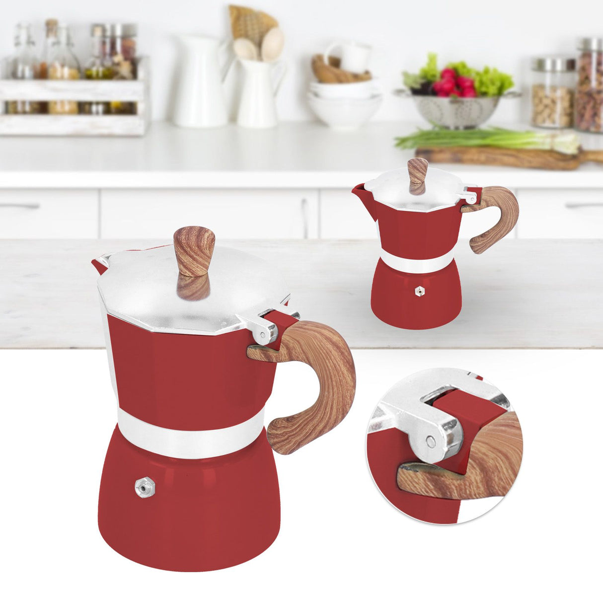 150ML Practical Aluminum Coffee Maker Octagonal Moka Coffee Pot for Home Office Kitchen ApplianceRed
