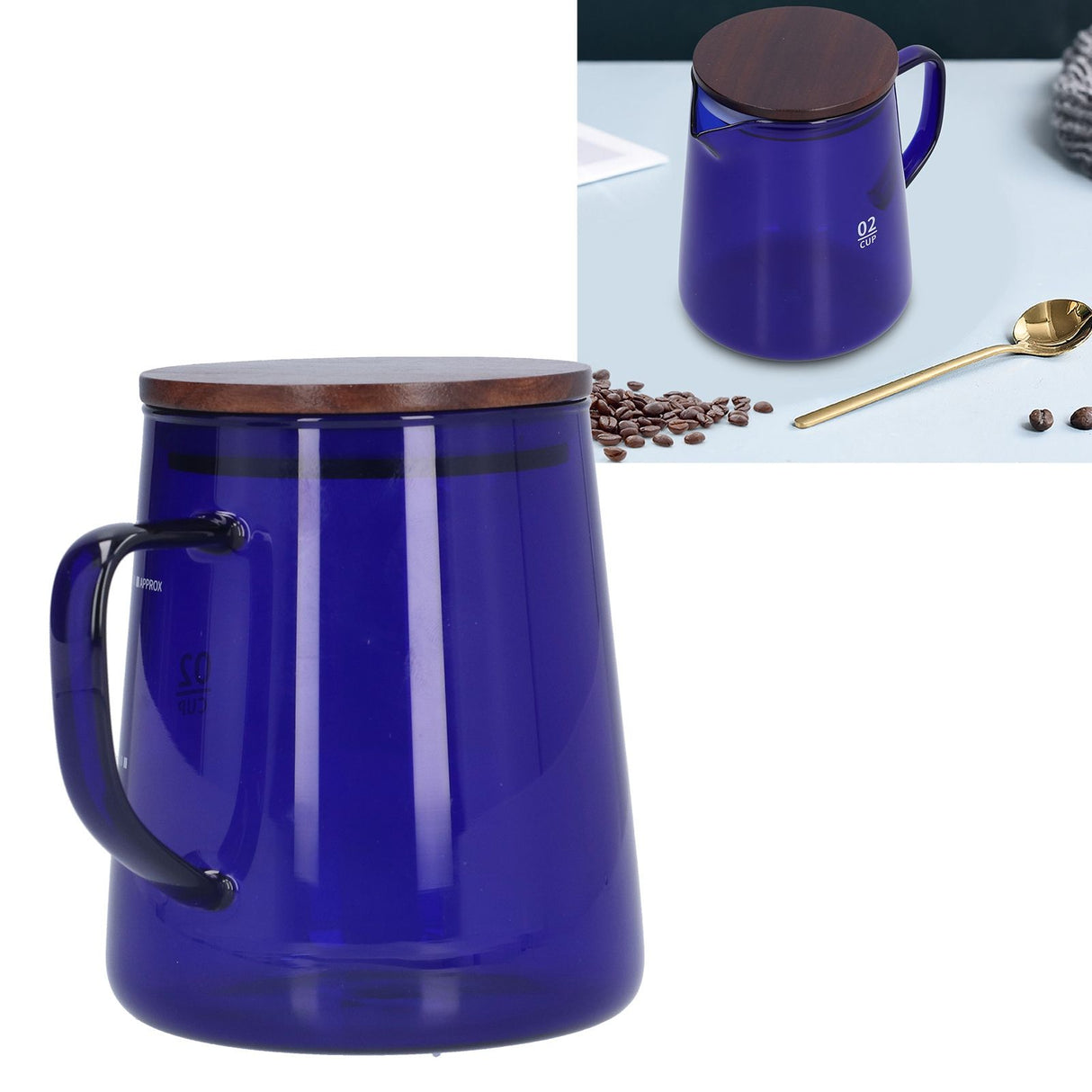 500ml Heat Resistant Coffee Server with Wooden Lid Household Tea Kettle for Home OfficeBlue