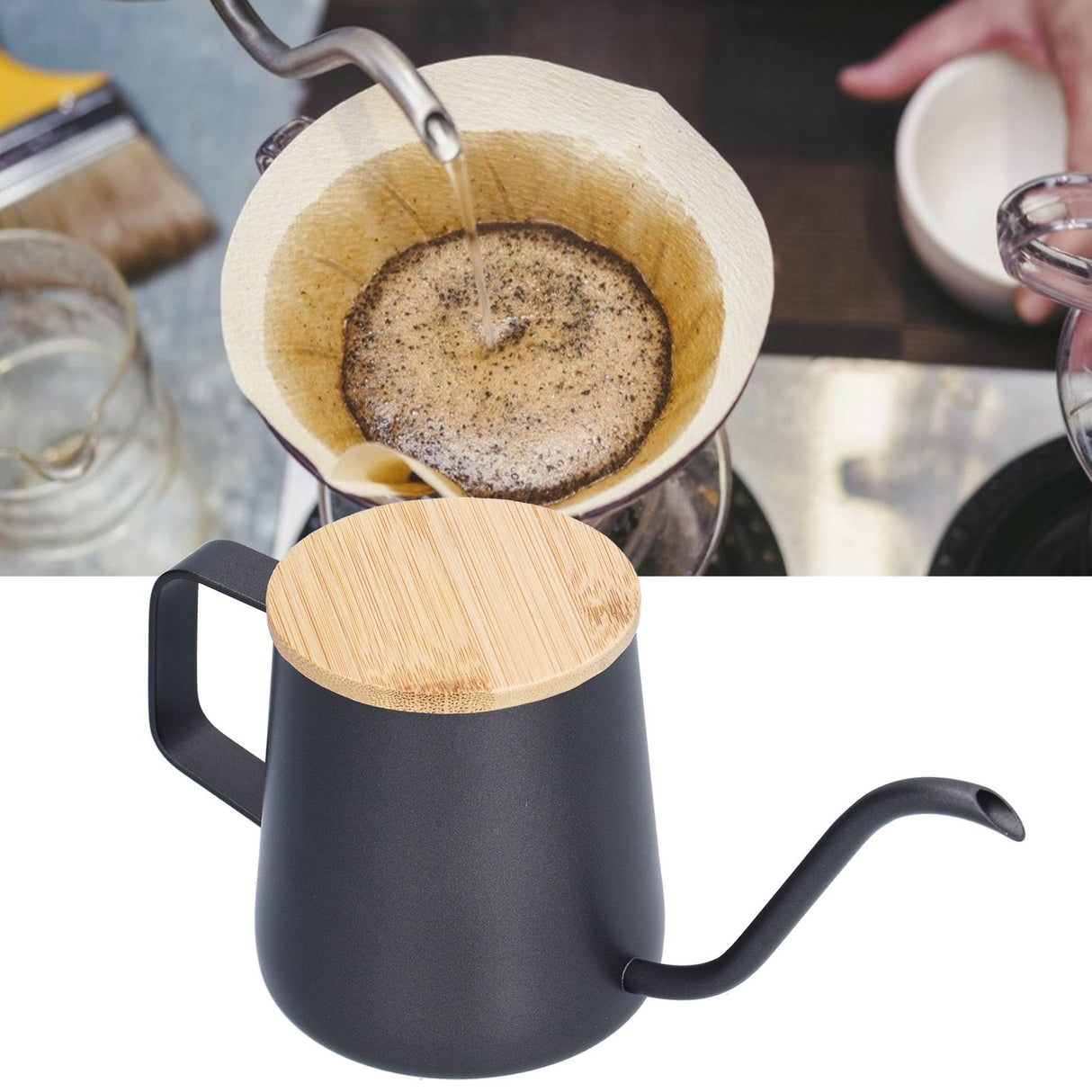 350ml Stainless Steel Coffee Pot Long Narrow Spout Manual Coffee Making Kettle with Bamboo Lid