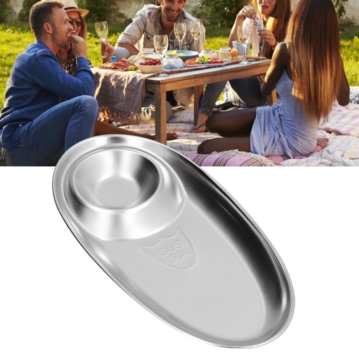 304 Stainless Steel Snack Plate Silver Oval Divided Spice Dish for Home Outdoor CampingL