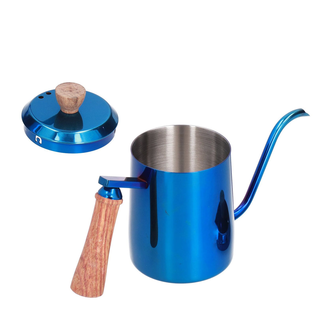 600ml Stainless Steel Manual Coffee Pot Long Narrow Spout Pour Over Kettle with Wooden HandleBlue
