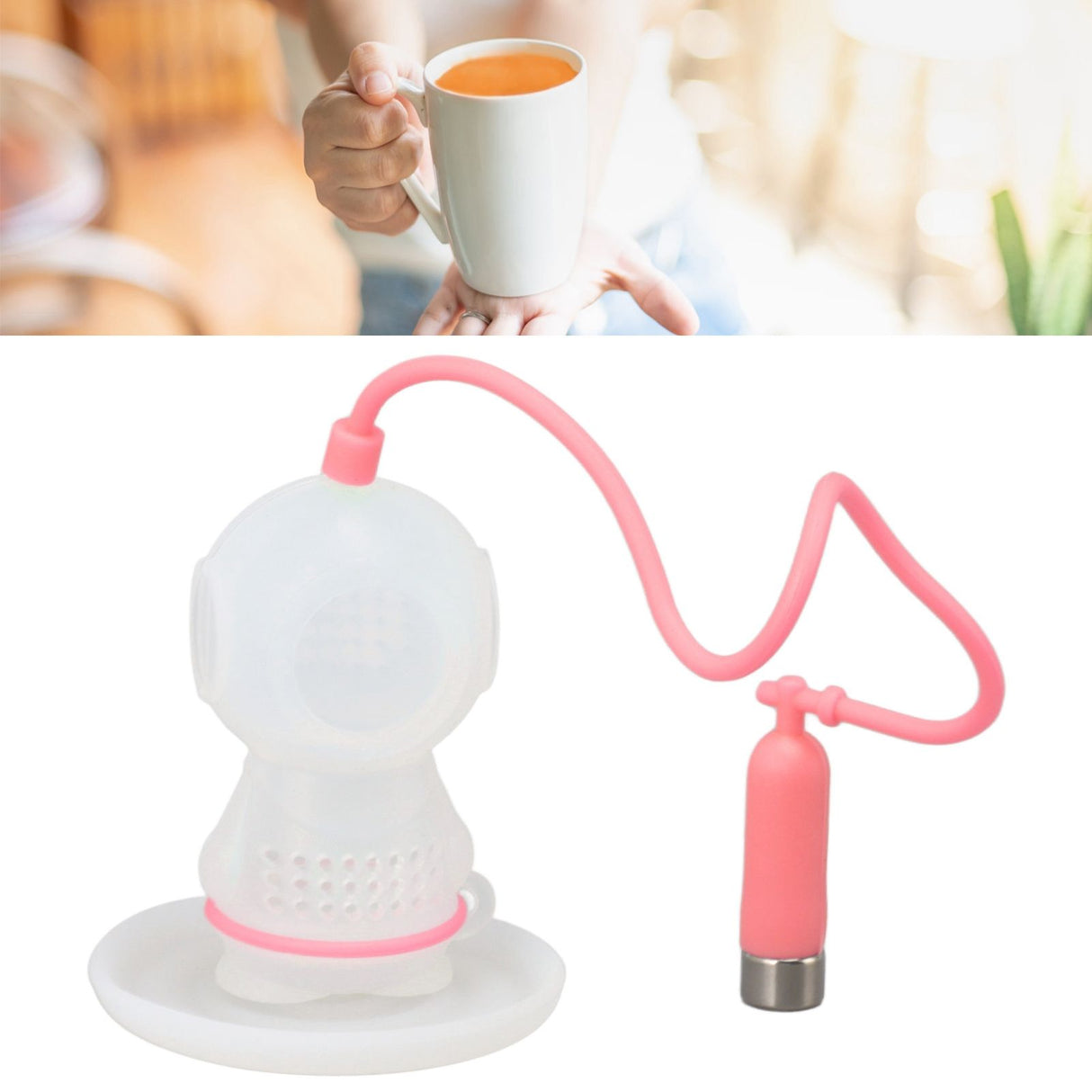Silicone Tea Infuser Cute Diver Shape Loose Tea Leaf Filter Tea Diffuser Strainer with Chain and Drip Tray for Home Pink