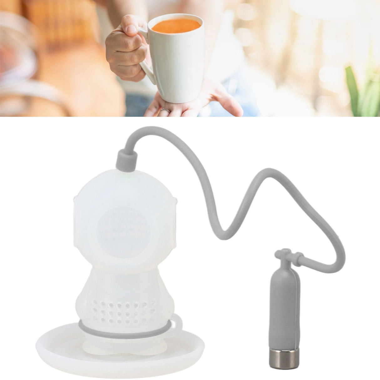 Silicone Tea Infuser Cute Diver Shape Loose Tea Leaf Filter Tea Diffuser Strainer with Chain and Drip Tray for Home Grey