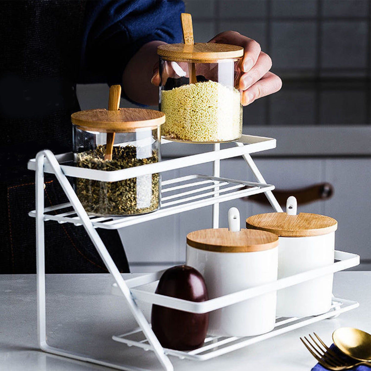 Kitchen Countertop Storage Rack Space Saving Multifunctional 2 Tiers Spice Toiletries Makeup Counter Standing Shelf White