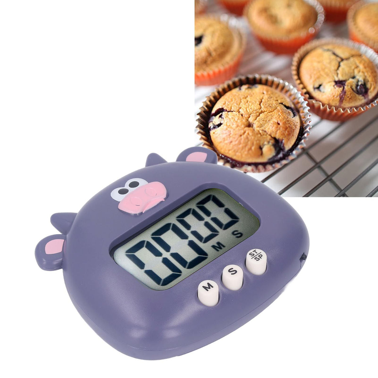 Digital Kitchen Timer Countup Countdown Cartoon Animal Sound Flash Alert Easy Operation with Stand for Cooking Teaching Purple Cow