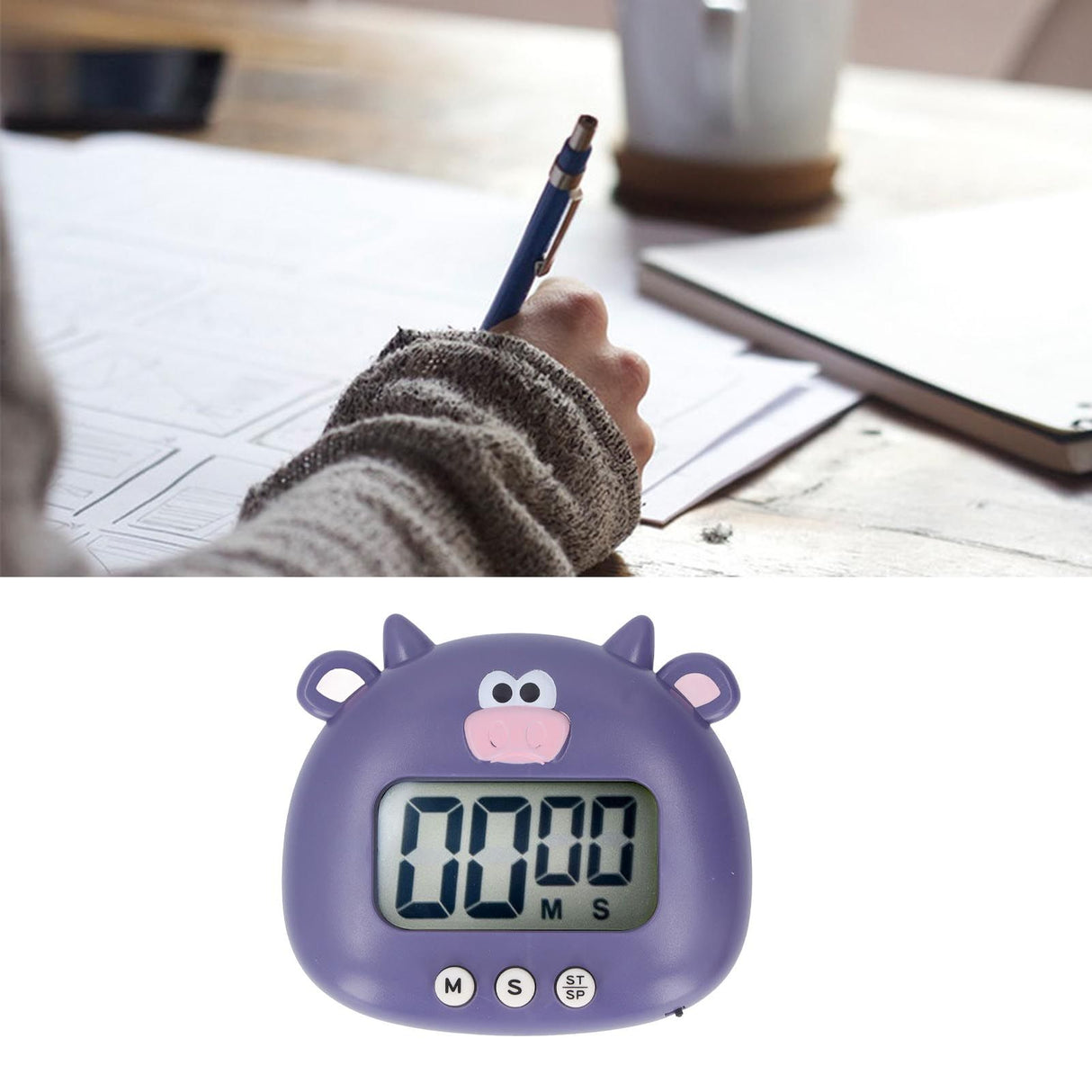 Digital Kitchen Timer Countup Countdown Cartoon Animal Sound Flash Alert Easy Operation with Stand for Cooking Teaching Purple Cow
