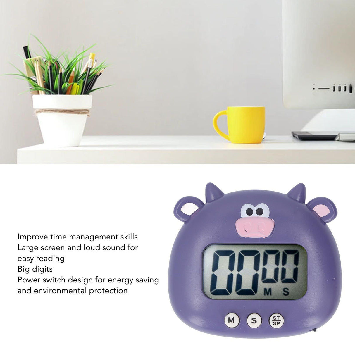 Digital Kitchen Timer Countup Countdown Cartoon Animal Sound Flash Alert Easy Operation with Stand for Cooking Teaching Purple Cow
