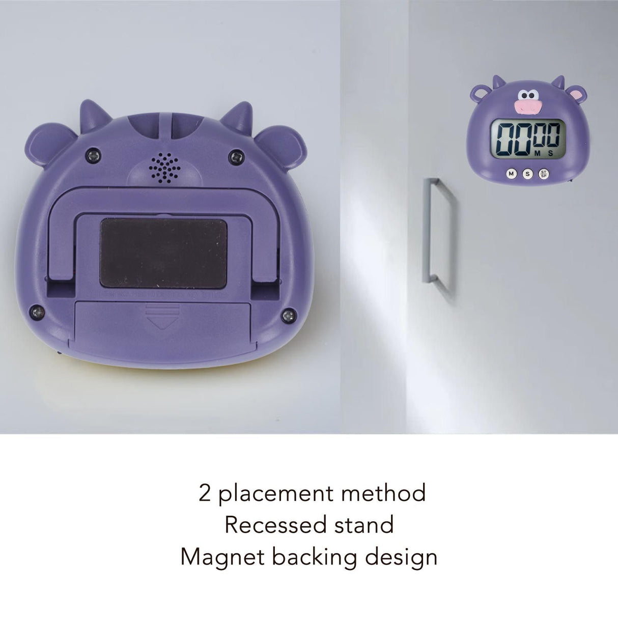 Digital Kitchen Timer Countup Countdown Cartoon Animal Sound Flash Alert Easy Operation with Stand for Cooking Teaching Purple Cow