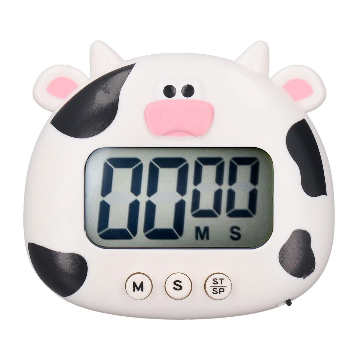Digital Kitchen Timer Countup Countdown Cartoon Animal Sound Flash Alert Easy Operation with Stand for Cooking Teaching White Cow