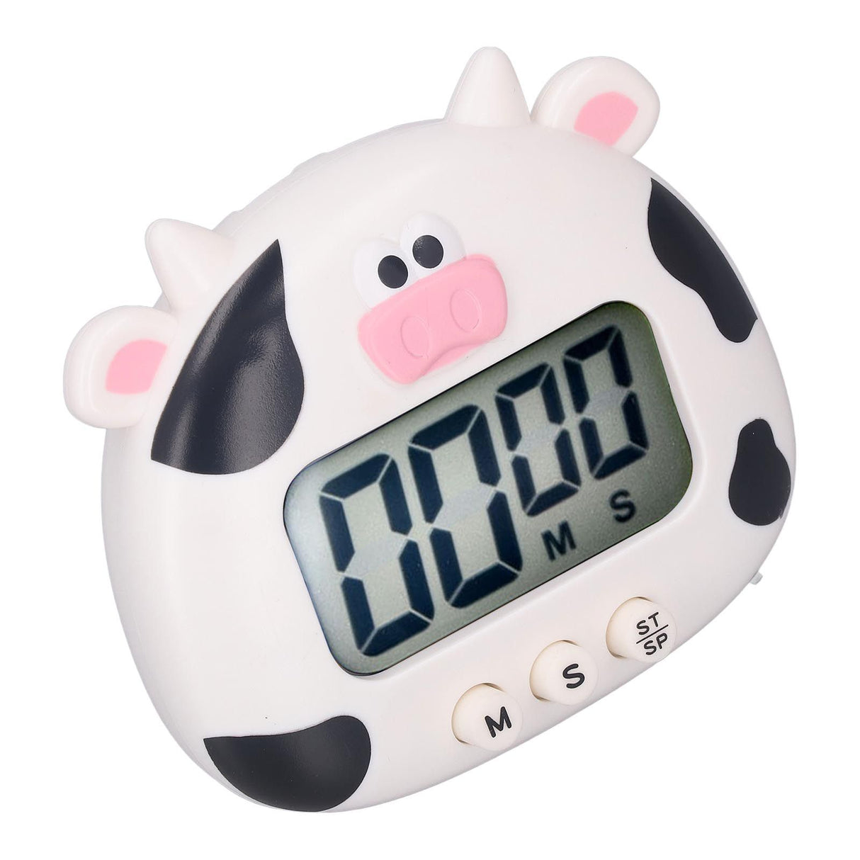Digital Kitchen Timer Countup Countdown Cartoon Animal Sound Flash Alert Easy Operation with Stand for Cooking Teaching White Cow