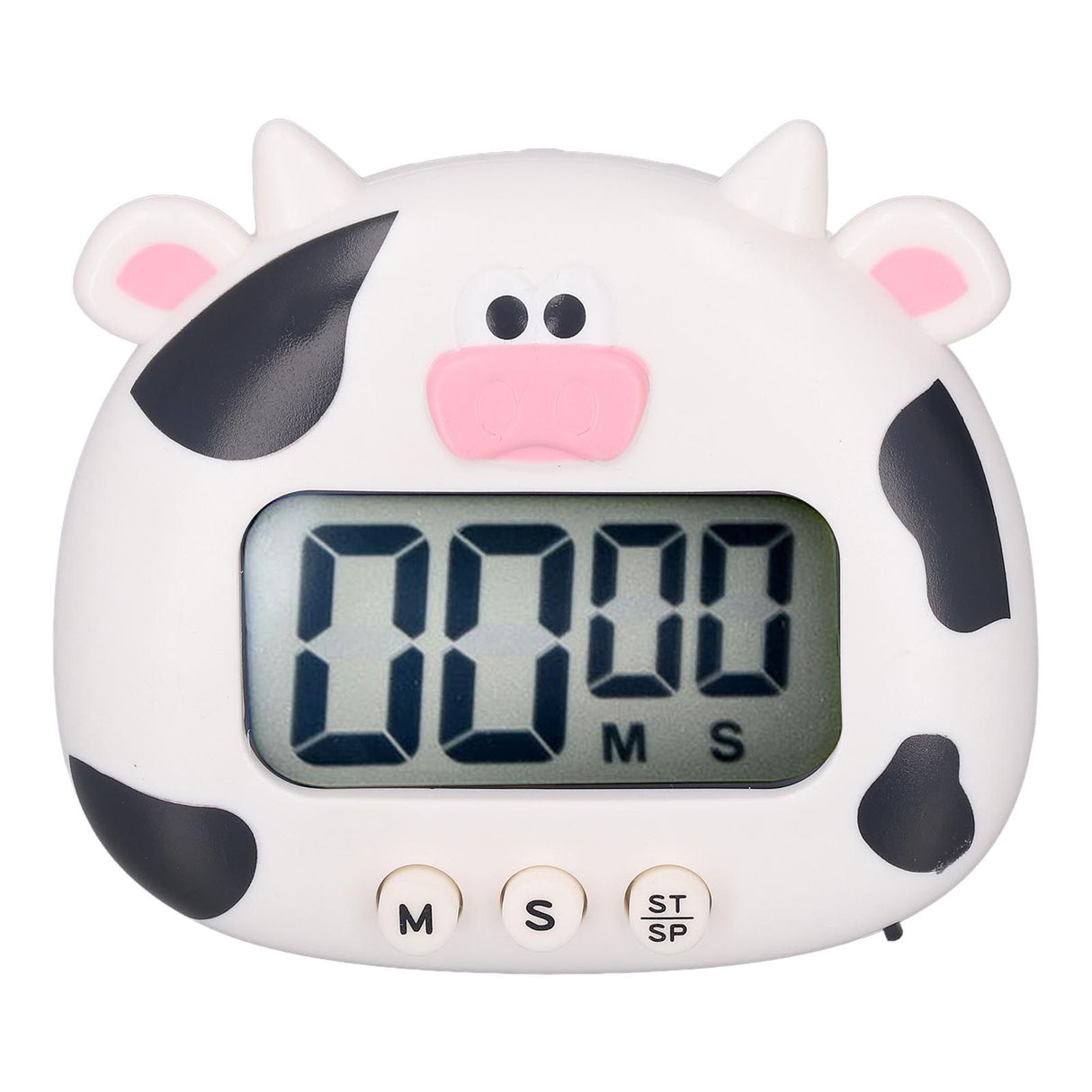 Digital Kitchen Timer Countup Countdown Cartoon Animal Sound Flash Alert Easy Operation with Stand for Cooking Teaching White Cow