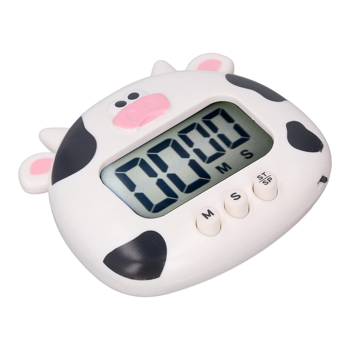 Digital Kitchen Timer Countup Countdown Cartoon Animal Sound Flash Alert Easy Operation with Stand for Cooking Teaching White Cow