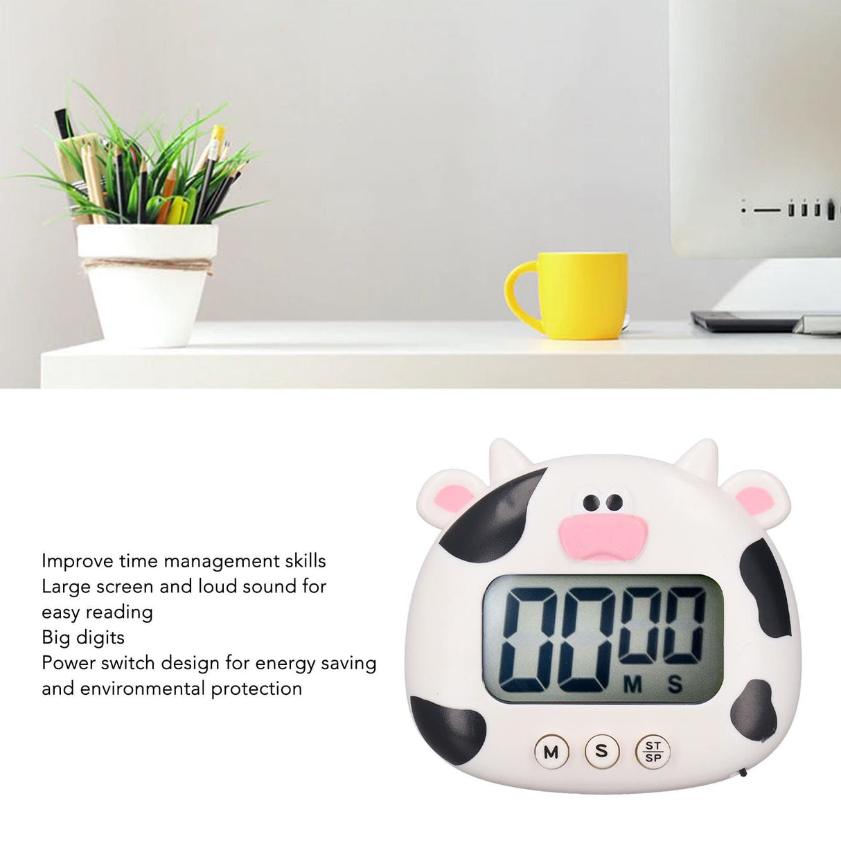 Digital Kitchen Timer Countup Countdown Cartoon Animal Sound Flash Alert Easy Operation with Stand for Cooking Teaching White Cow