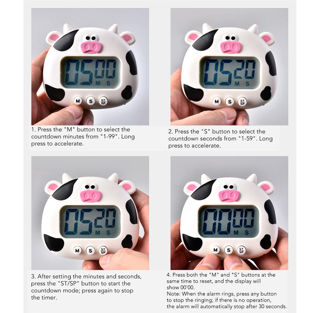 Digital Kitchen Timer Countup Countdown Cartoon Animal Sound Flash Alert Easy Operation with Stand for Cooking Teaching White Cow