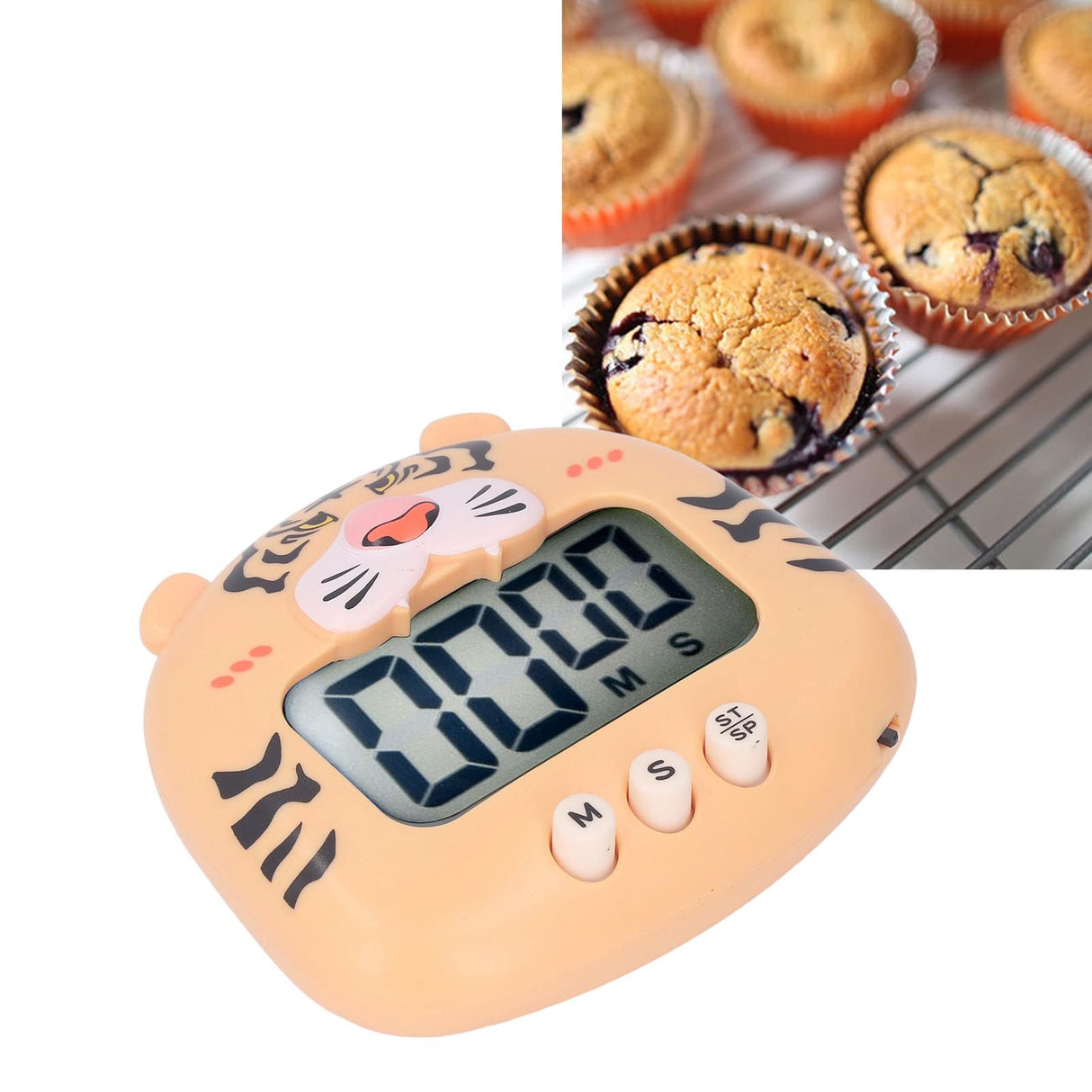 Digital Kitchen Timer Countup Countdown Cartoon Animal Sound Flash Alert Easy Operation with Stand for Cooking Teaching Yellow Tiger