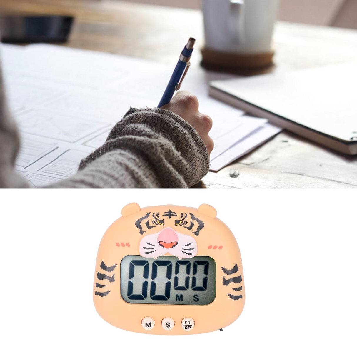 Digital Kitchen Timer Countup Countdown Cartoon Animal Sound Flash Alert Easy Operation with Stand for Cooking Teaching Yellow Tiger