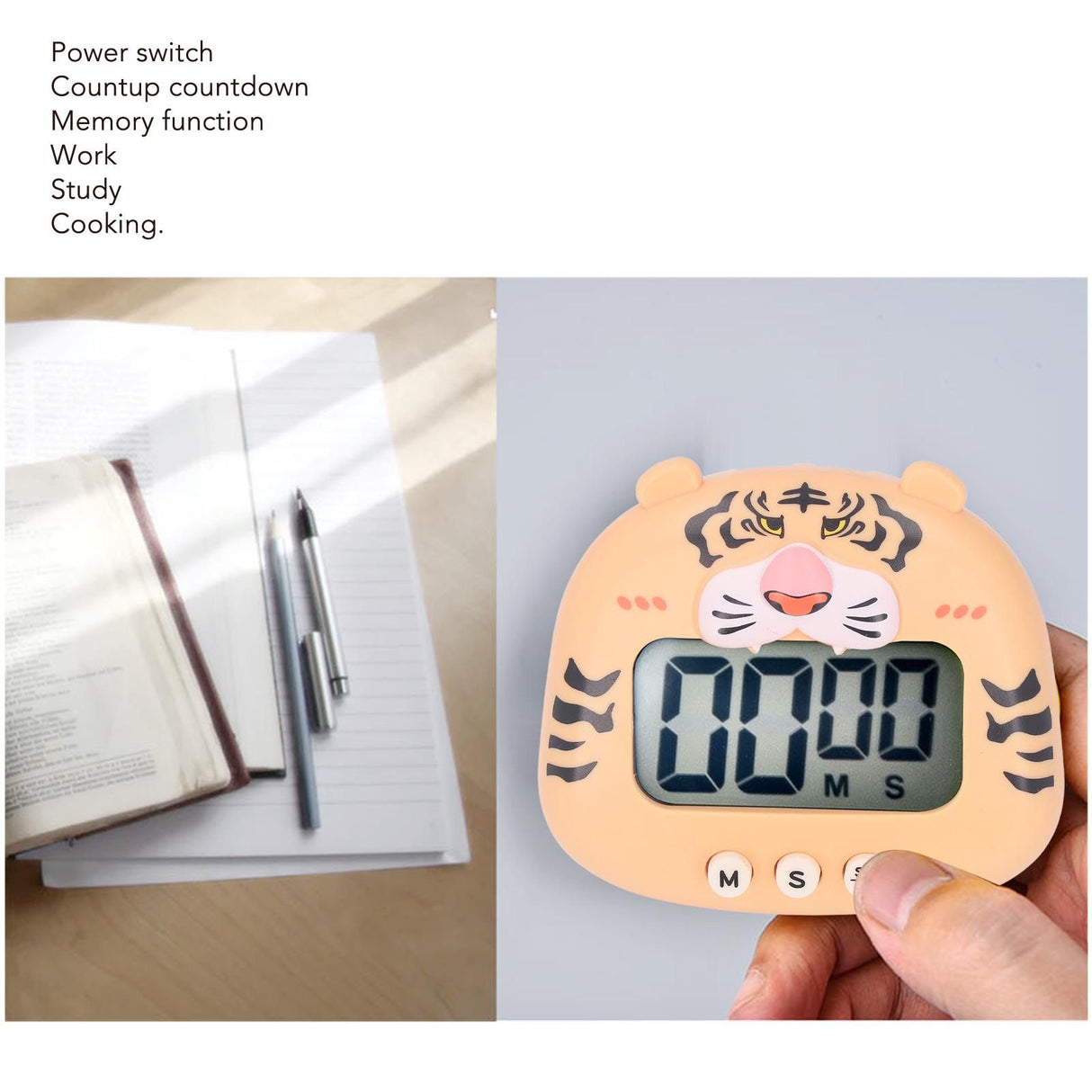 Digital Kitchen Timer Countup Countdown Cartoon Animal Sound Flash Alert Easy Operation with Stand for Cooking Teaching Yellow Tiger
