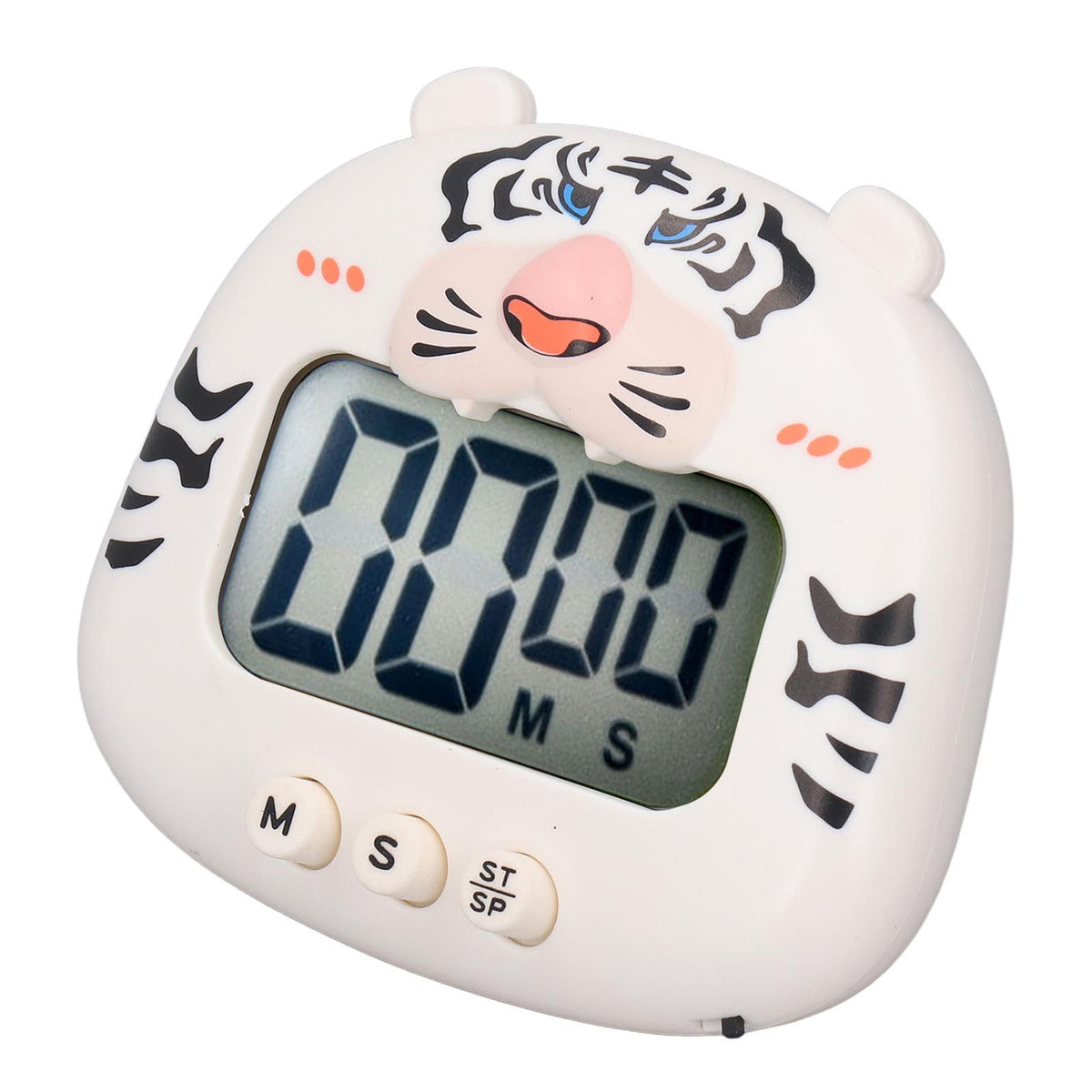 Digital Kitchen Timer Countup Countdown Cartoon Animal Sound Flash Alert Easy Operation with Stand for Cooking Teaching White Tiger