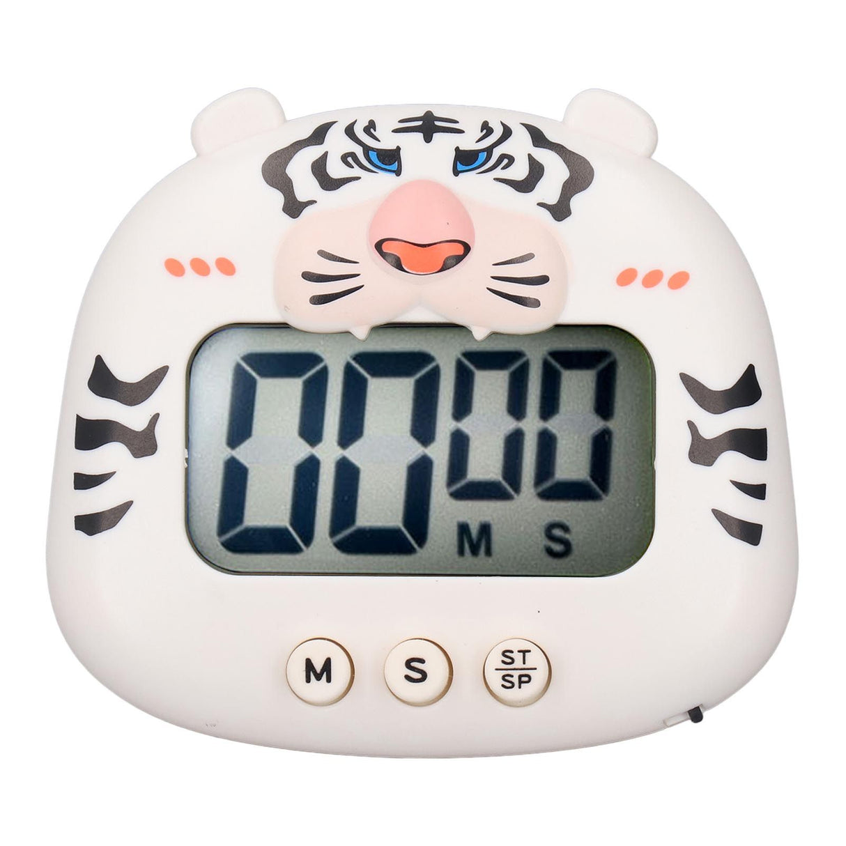 Digital Kitchen Timer Countup Countdown Cartoon Animal Sound Flash Alert Easy Operation with Stand for Cooking Teaching White Tiger