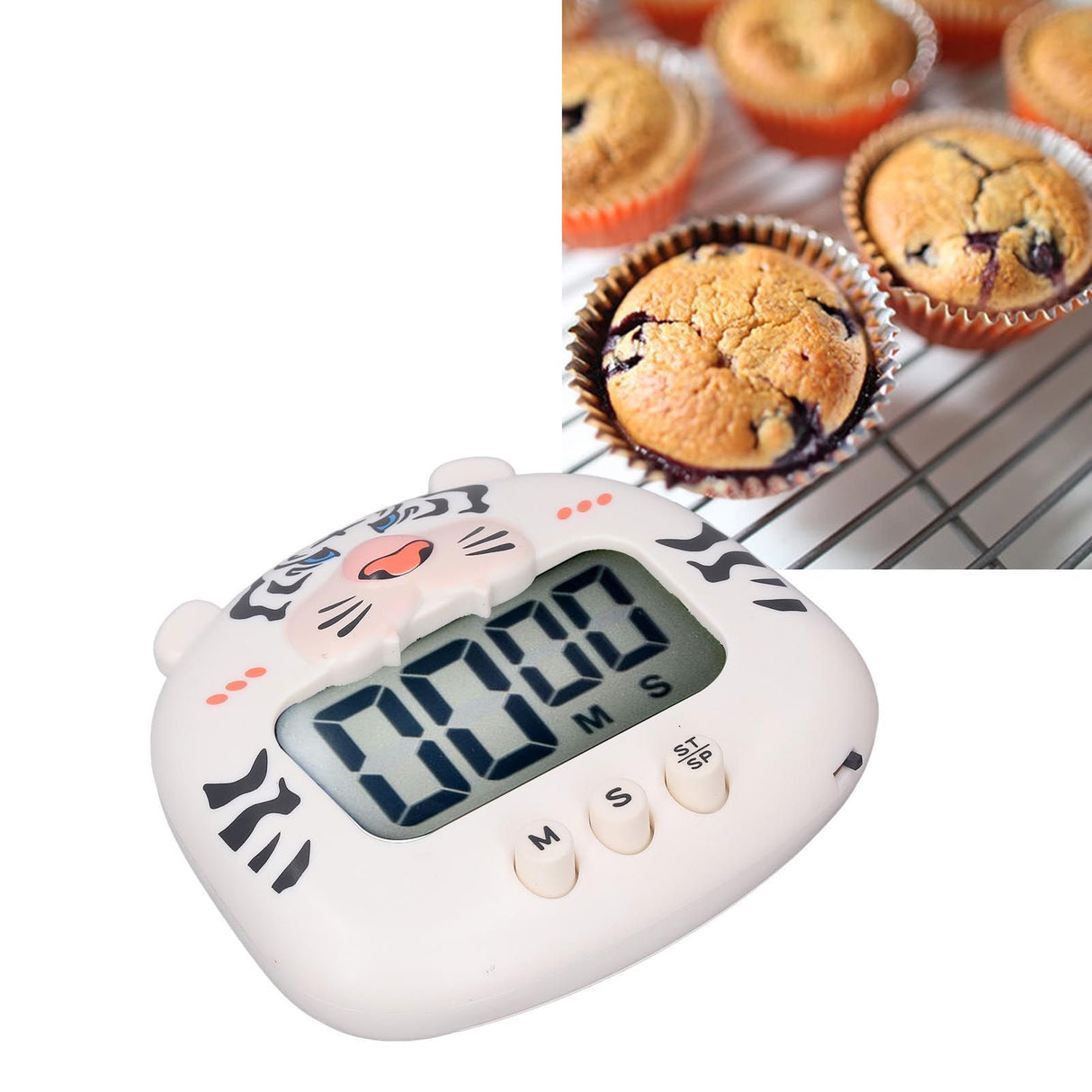 Digital Kitchen Timer Countup Countdown Cartoon Animal Sound Flash Alert Easy Operation with Stand for Cooking Teaching White Tiger