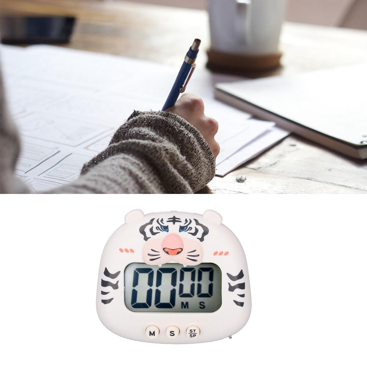 Digital Kitchen Timer Countup Countdown Cartoon Animal Sound Flash Alert Easy Operation with Stand for Cooking Teaching White Tiger