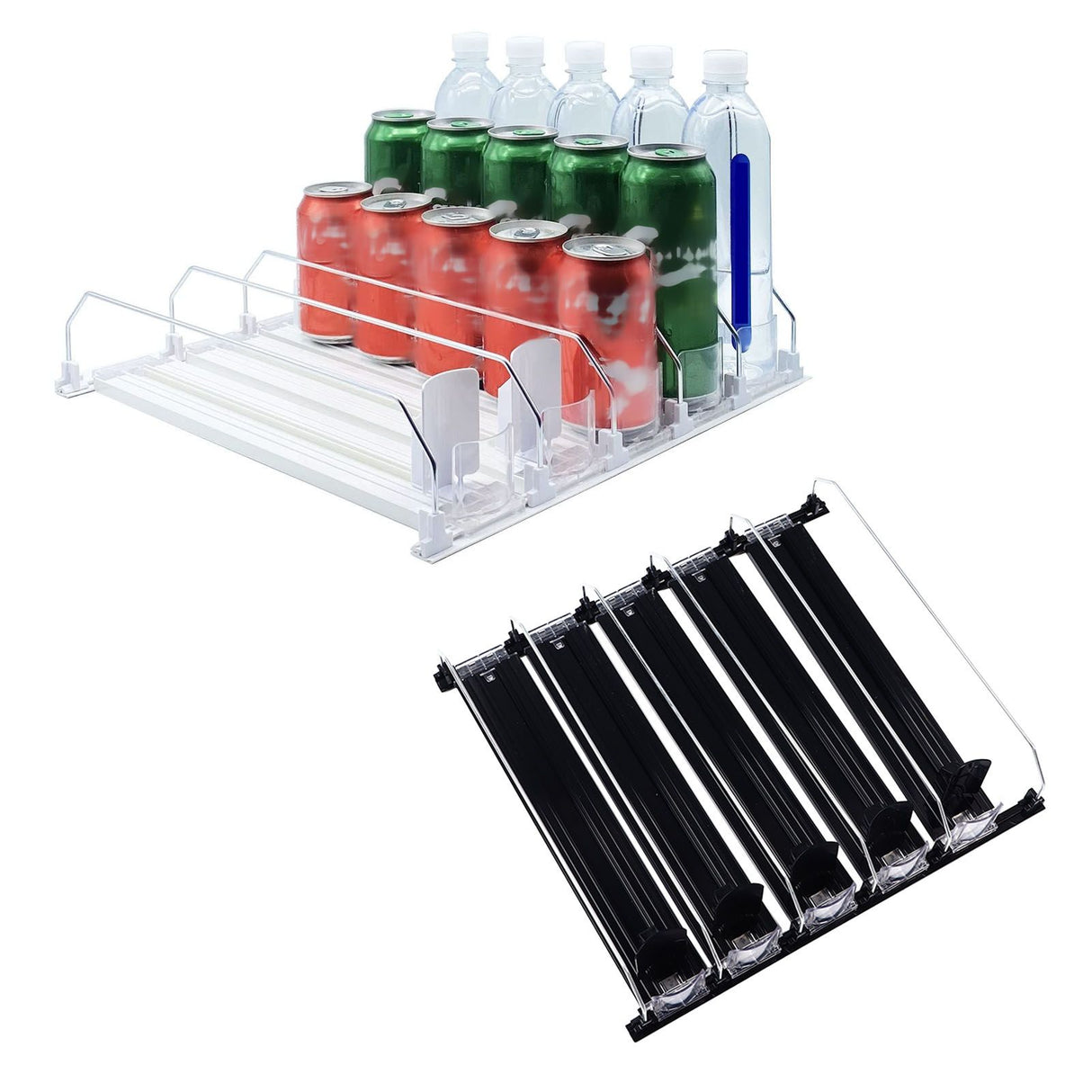 Drink Organizer for Fridge Spring Loaded Adjustable Push Rod Slide Rail Soda Can Dispenser for Beer Beverages 38cm Black