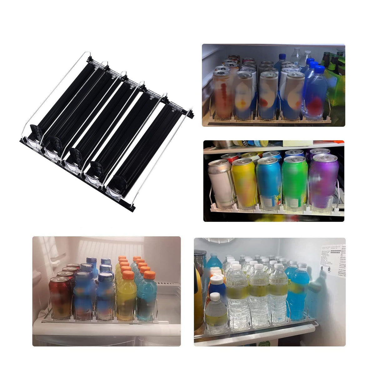 Drink Organizer for Fridge Spring Loaded Adjustable Push Rod Slide Rail Soda Can Dispenser for Beer Beverages 38cm Black