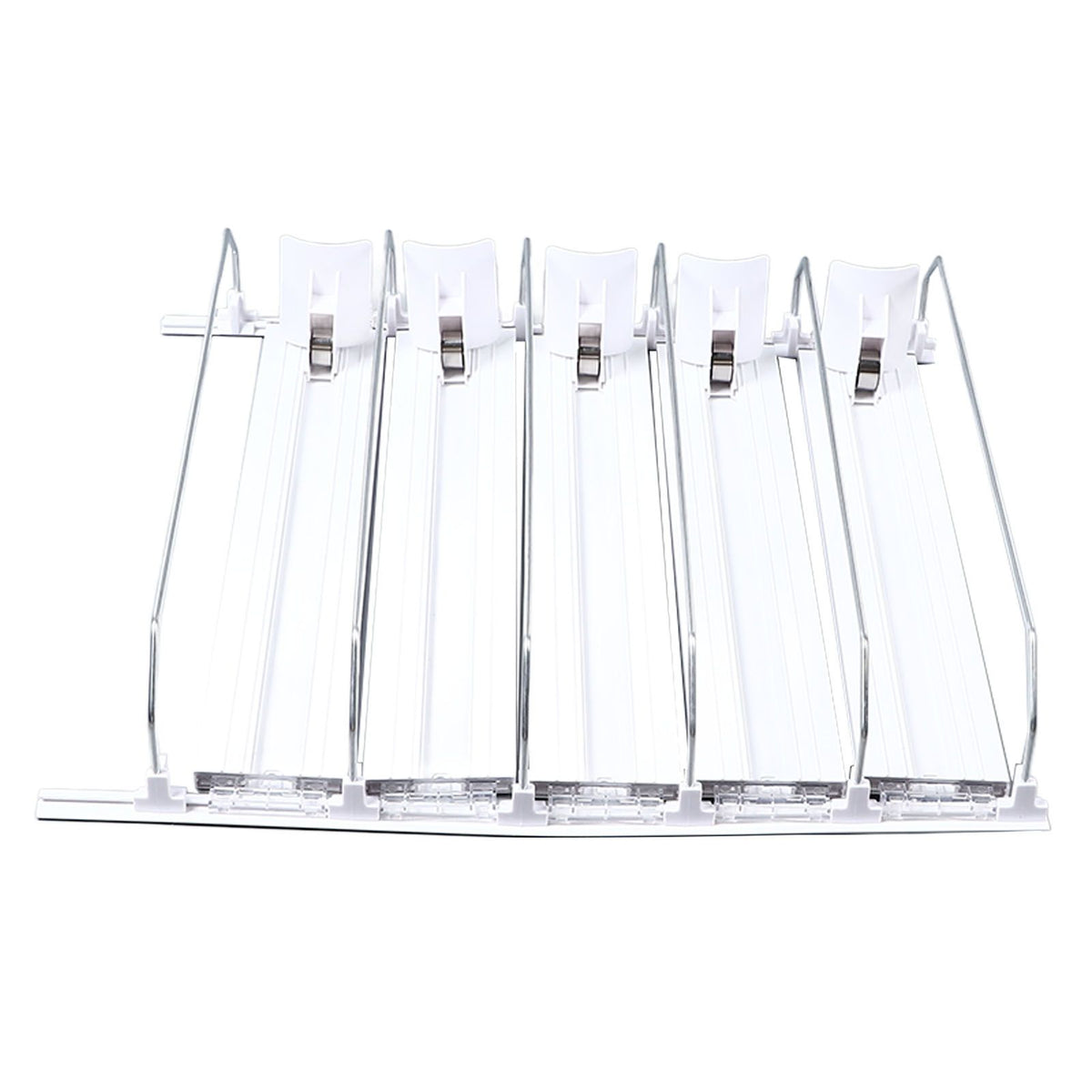 Drink Organizer for Fridge Spring Loaded Adjustable Push Rod Slide Rail Soda Can Dispenser for Beer Beverages 38cm White