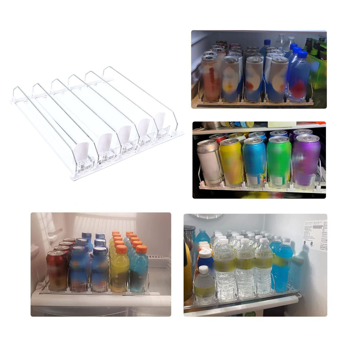 Drink Organizer for Fridge Spring Loaded Adjustable Push Rod Slide Rail Soda Can Dispenser for Beer Beverages 38cm White