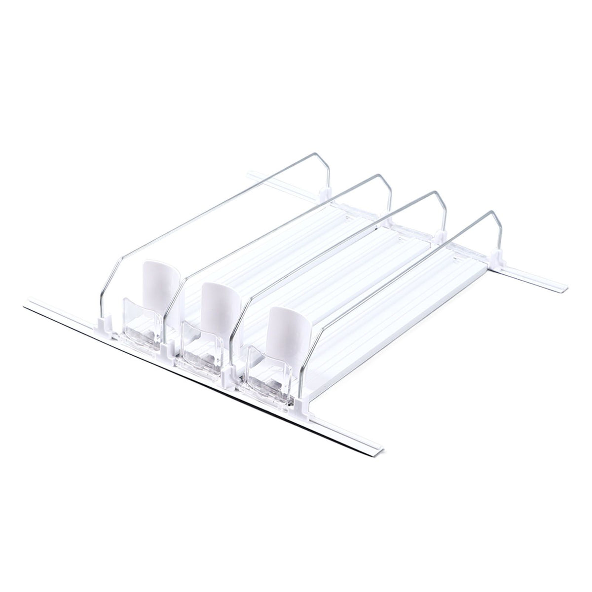 38cm Drink Organizer for Fridge Automatic Pusher Glide 12oz 16oz 20oz Soda Dispenser for Fridge Width Adjustable E Shaped 38cm White