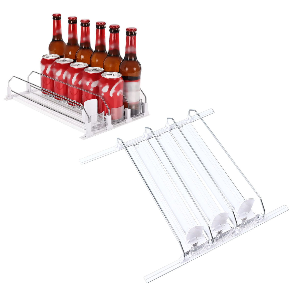 38cm Drink Organizer for Fridge Automatic Pusher Glide 12oz 16oz 20oz Soda Dispenser for Fridge Width Adjustable E Shaped 38cm White