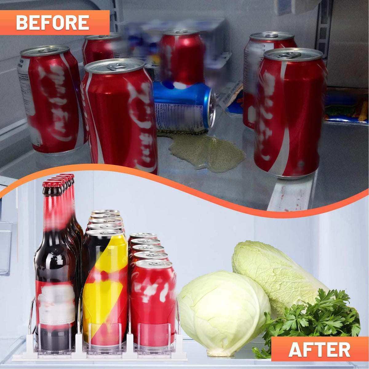 38cm Drink Organizer for Fridge Automatic Pusher Glide 12oz 16oz 20oz Soda Dispenser for Fridge Width Adjustable E Shaped 38cm White