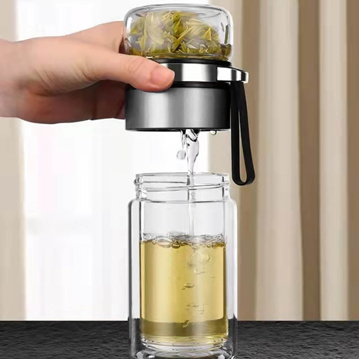 Glass Transparent Tea Bottle Portable Tea Water Bottle Tea and Water Separation Bottle Steel Color