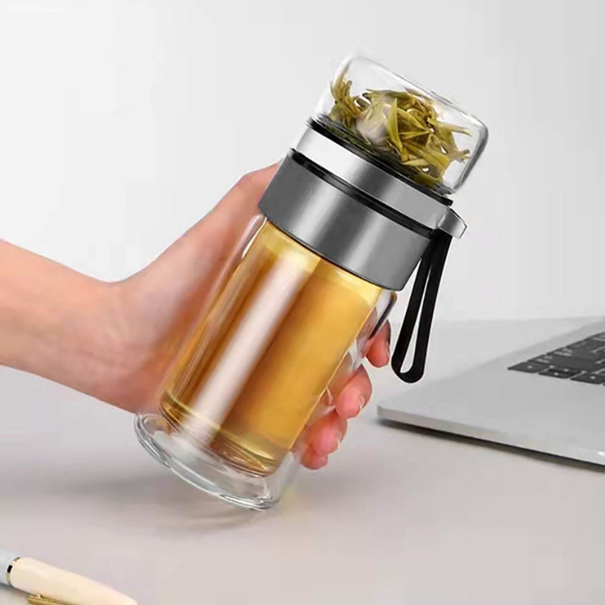 Glass Transparent Tea Bottle Portable Tea Water Bottle Tea and Water Separation Bottle Steel Color