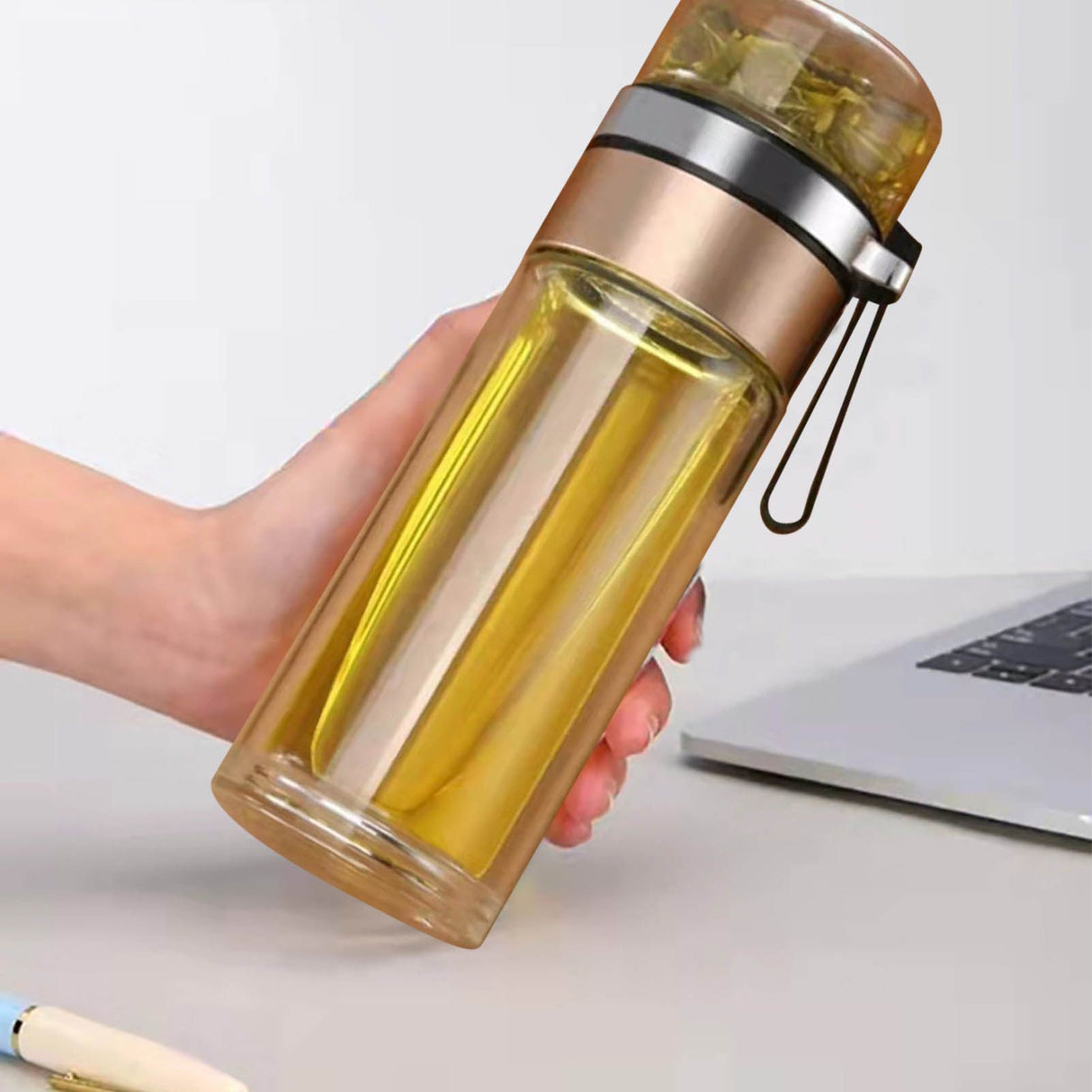 Glass Transparent Tea Bottle Portable Tea Water Bottle Tea and Water Separation Bottle Gold