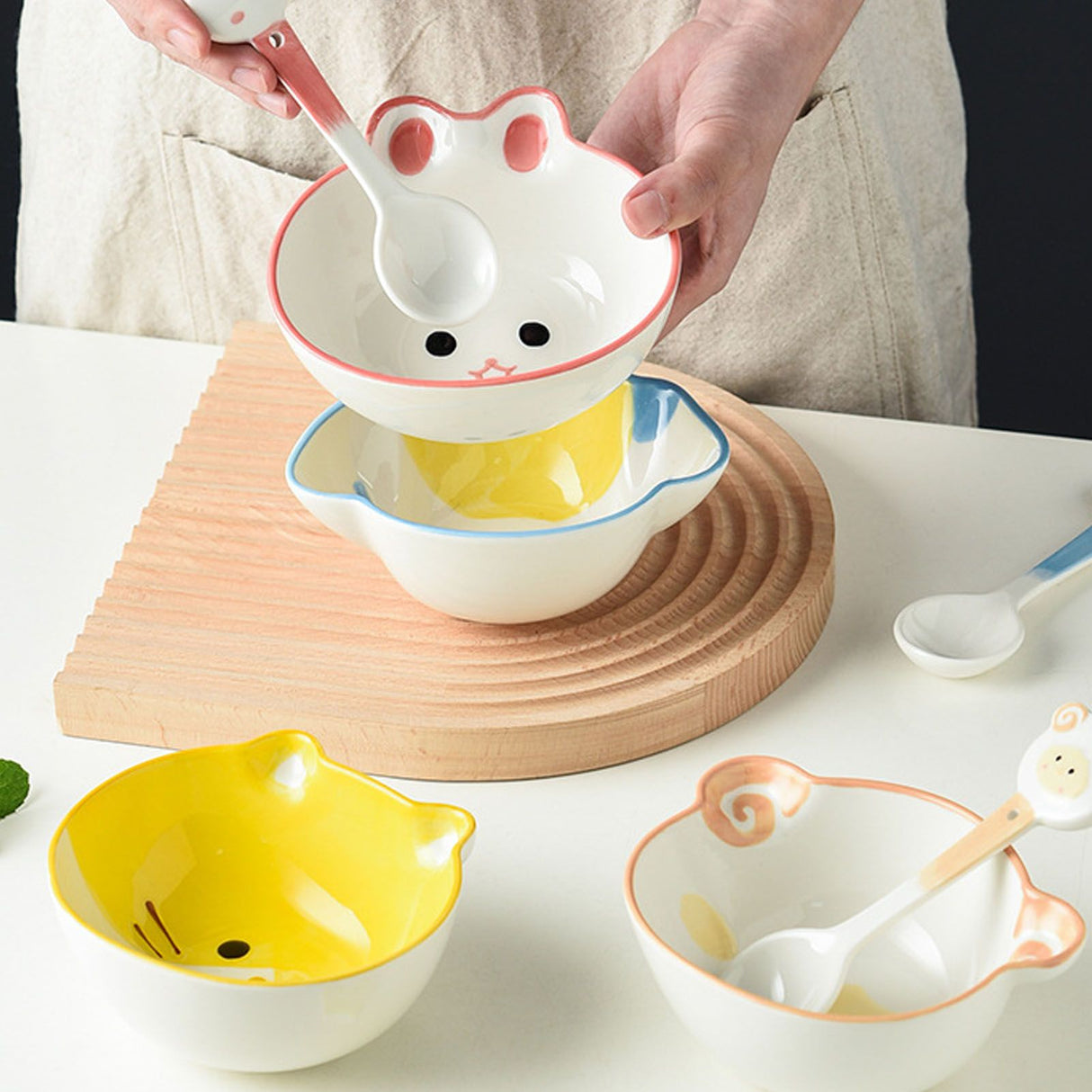 Kids Bowl Ceramic Cute Cartoon Animal Shape Rice Bowls Reusable Dinner Tableware for Serving Soup Cereal Pasta Ice Cream Cat