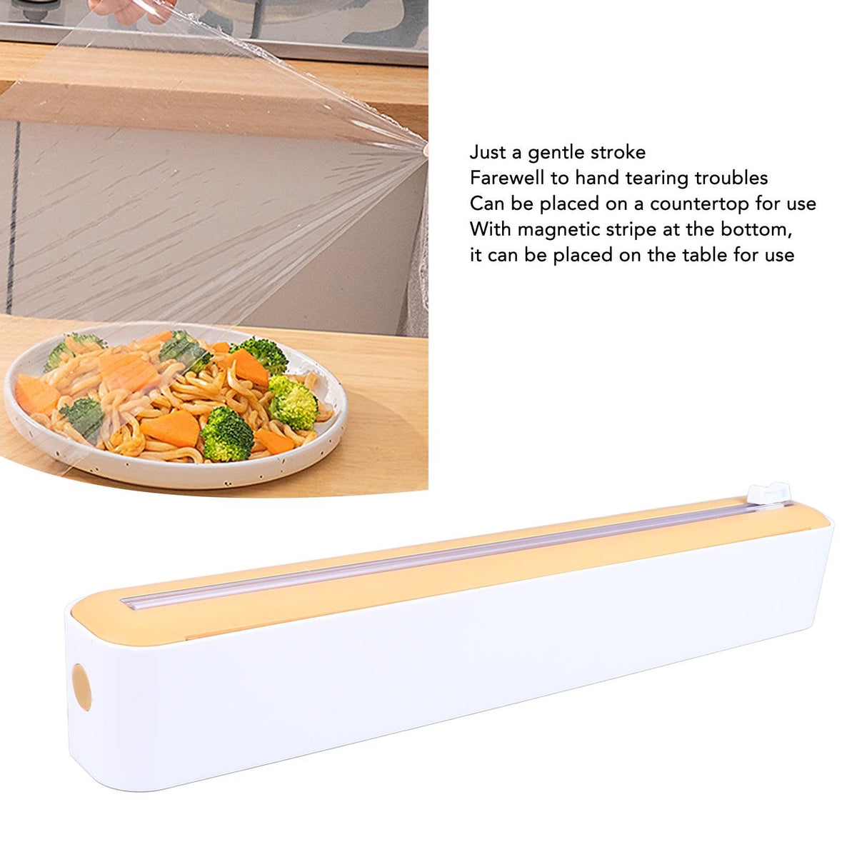 Reusable Cling Film Dispenser Magnetic Refillable Plastic Wrap Dispenser with Cutter Magnetic Stripe White Yellow