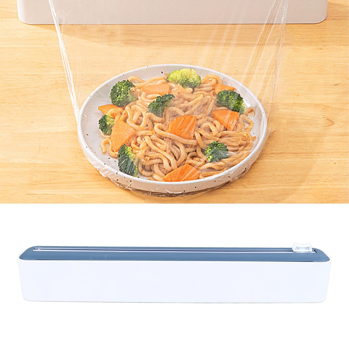 Reusable Cling Film Dispenser Magnetic Refillable Plastic Wrap Dispenser with Cutter Magnetic Stripe White Blue