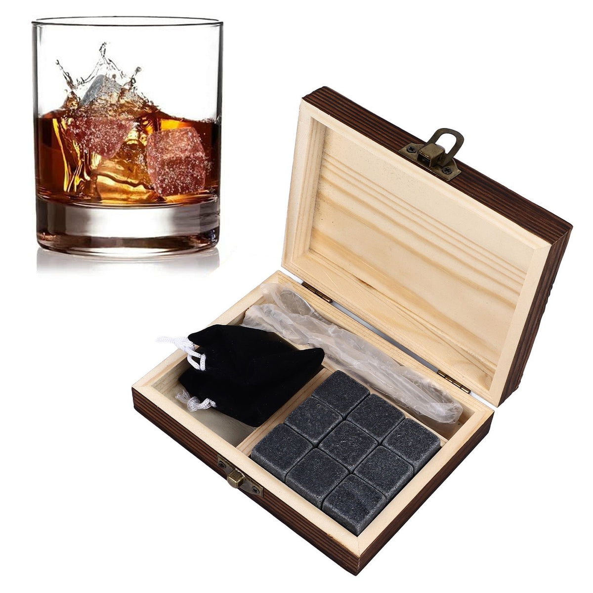 Whisky Stones Cube Shaped Granite Chilling Whiskey Rocks Set Recyclable Quick Drying Whisky Stones with Pine Box