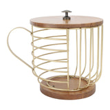 Coffee Pod Holder Iron Large Capacity Space Saving Wooden Base Coffee Pods Storage Organizer for Home Coffee Bar Gold with Lid
