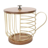 Coffee Pod Holder Iron Large Capacity Space Saving Wooden Base Coffee Pods Storage Organizer for Home Coffee Bar Gold with Lid - Front View